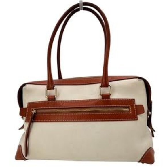 Dooney & Bourke Vintage  Pebbled Leather Satchel Tote | White Tan Trim Large Bag - Picture 2 of 14